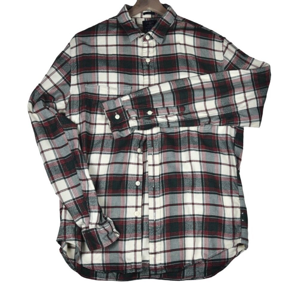 J. CREW Men's Slim Fit Flannel Shirt Sz L Ivory Green Plaid Grunge Hipster Soft
